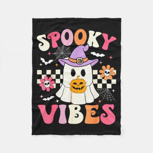 Groovy Soky Vibes Retro Ghost Holding Pumpkin Hall Fleece Deken (Voorkant)