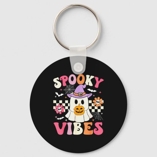 Groovy Soky Vibes Retro Ghost Holding Pumpkin Hall Sleutelhanger (Voorkant)