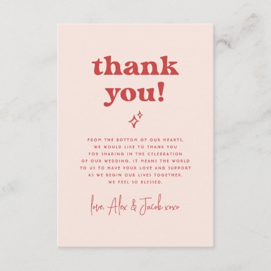 Groovy Sparkle Retro 70s Roze & Rood Foto Bruiloft Bedankkaart (Voorkant)