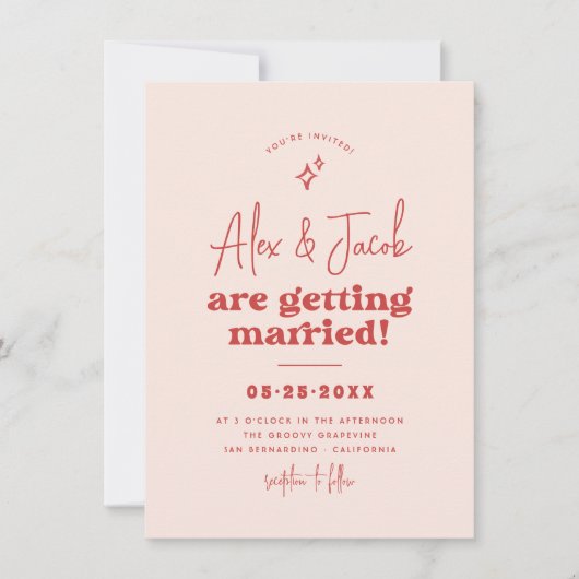 Groovy Sparkle Retro 70s Roze & Rood Foto Bruiloft Kaart (Voorkant)