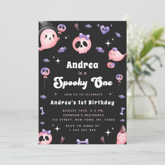 Groovy Spooky One & Pink Ghost Girl 1ste verjaarda Kaart (Staand voorkant)