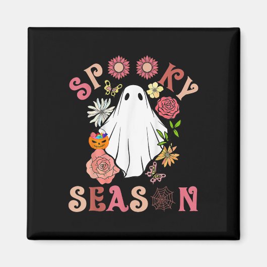 Groovy Spooky Seizoen Leuke Ghost Holding Pompoen Magneet (Voorkant)