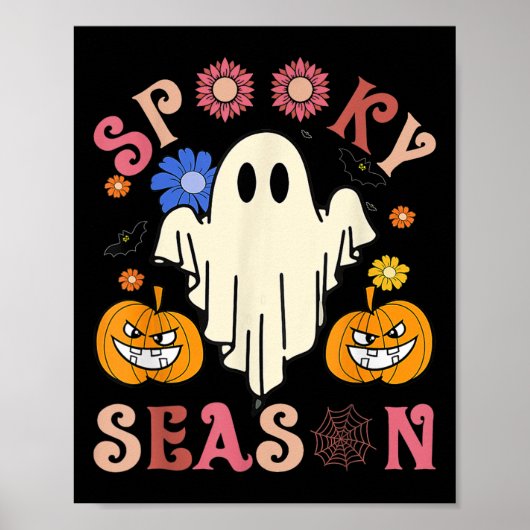 Groovy Spooky Seizoen Leuke Ghost Holding Pompoen  Poster (Voorkant)