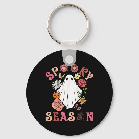 Groovy Spooky Seizoen Leuke Ghost Holding Pompoen  Sleutelhanger (Voorkant)
