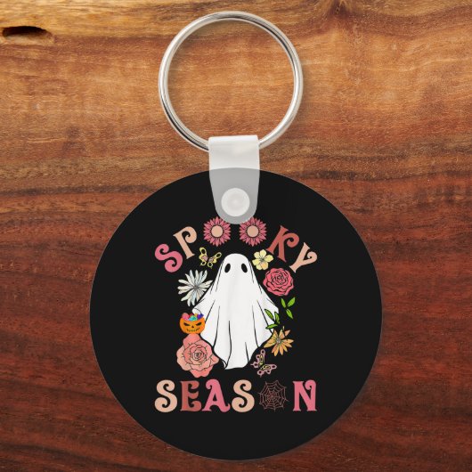 Groovy Spooky Seizoen Leuke Ghost Holding Pompoen  Sleutelhanger (Voorkant)