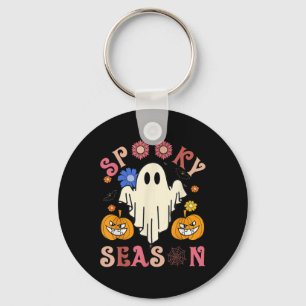 Groovy Spooky Seizoen Leuke Ghost Holding Pompoen Sleutelhanger