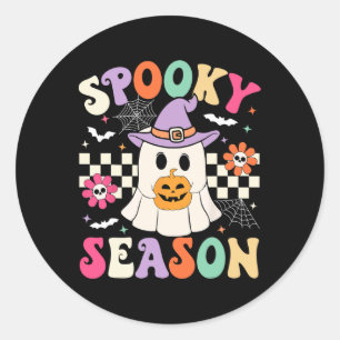 Groovy Spooky Seizoen Retro Ghost Holding Pumpkin Ronde Sticker