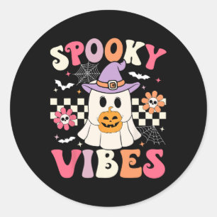 Groovy Spooky Vibes Retro Ghost Holding Pumpkin Ha Ronde Sticker
