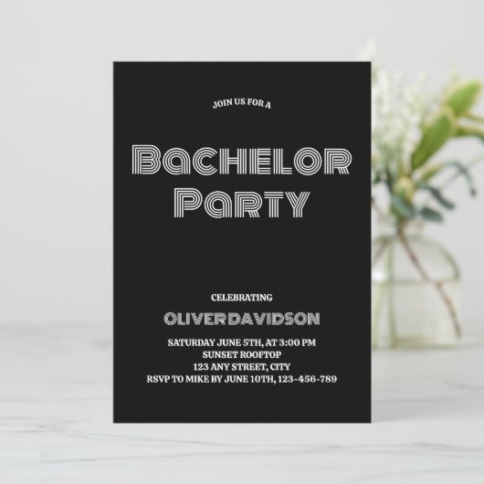 Groovy stijlvol zwart vrijgezellenfeest kaart (Staand voorkant)