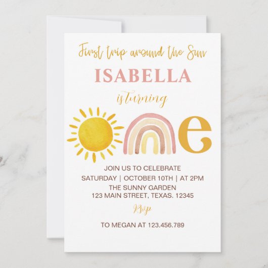 Groovy Sunshine Regenboog Verjaardag 1e uitnodigin Kaart (Voorkant)