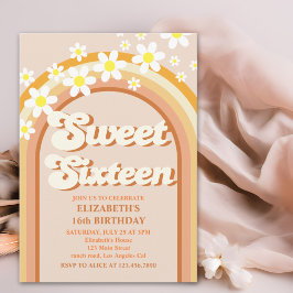 Groovy Sweet Sixteen | Retro Rainbow & Daisy Flowe Kaart