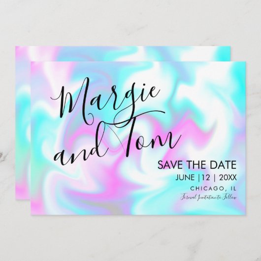 Groovy Swirls Script Save the Date Pink Blue Kaart (Voorkant / Achterkant)