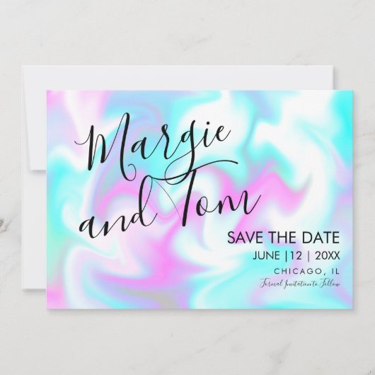 Groovy Swirls Script Save the Date Roze Blauw Kaart (Voorkant)