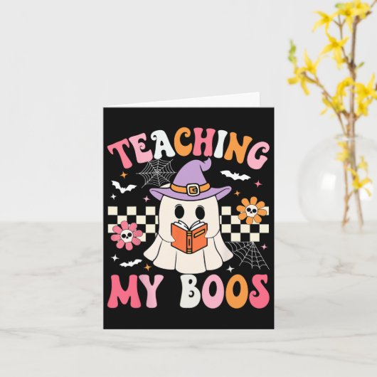 Groovy Teaching Mijn Boeken Leraar Ghost Halloween Kaart (Gele Bloem)
