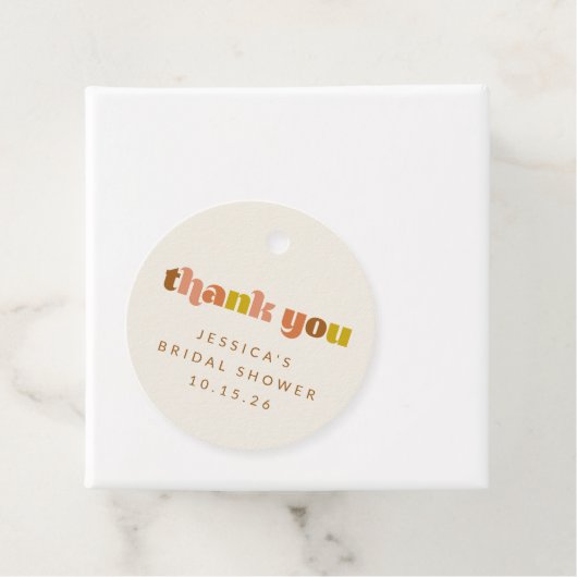 Groovy Terracotta Peach Retro Text Custom Shower Bedankjes Labels (In situ)