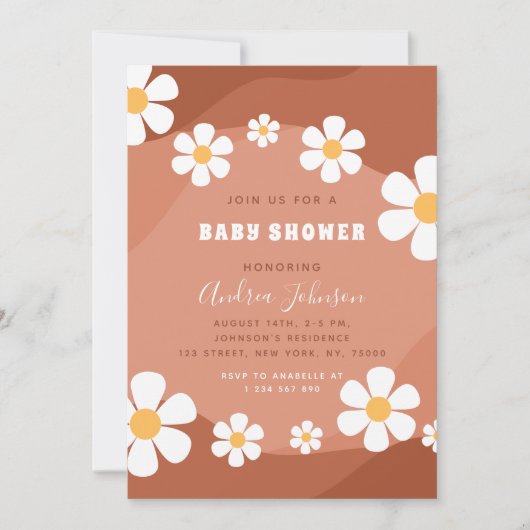 Groovy Terracotta Retro Boho Daisy Baby shower Kaart (Voorkant)