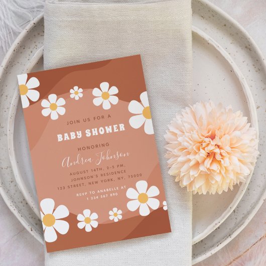 Groovy Terracotta Retro Boho Daisy Baby shower Kaart