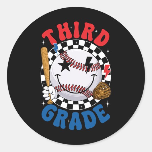 Groovy Third Grade Team Honkbal Eerste Dag Van Sch Ronde Sticker (Voorkant)