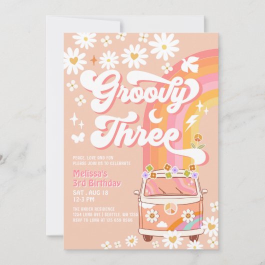 Groovy THREE Pink Peach Daisy Hippie Verjaardag Kaart (Voorkant)
