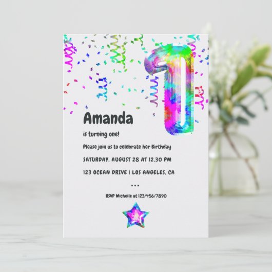 Groovy Tie Dye Balloon 1e verjaardag Kaart (Staand voorkant)