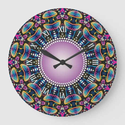 Groovy Time Mushrooms Neon Mandala Grote Klok (Voorkant)