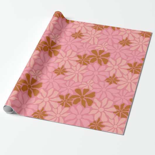 Groovy Trendy Retro Bloemen Terracotta Roze Patroo Cadeaupapier (Uitgerold)