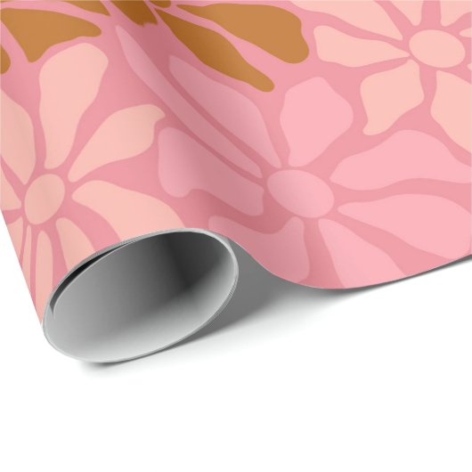 Groovy Trendy Retro Bloemen Terracotta Roze Patroo Cadeaupapier (Rol Hoek)