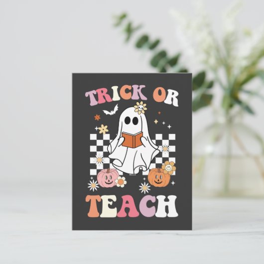 Groovy Trick of Leer Leraar Halloween Ghost Retr Uitnodiging Briefkaart (Staand voorkant)