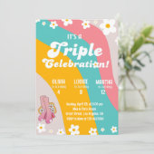 Groovy Triple Verjaardag Daisy Joint Sibling Party Kaart (Staand voorkant)