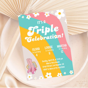 Groovy Triple Verjaardag Daisy Joint Sibling Party Kaart