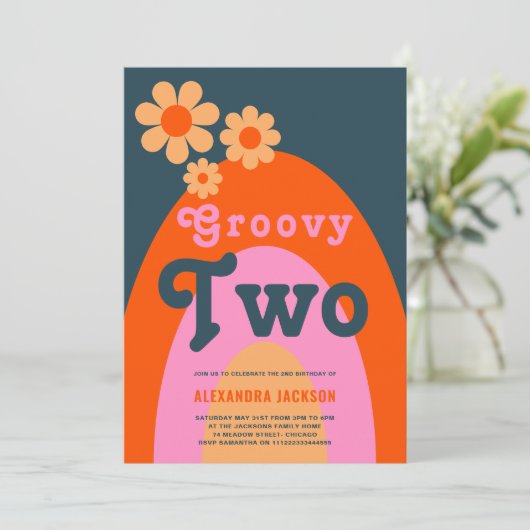 Groovy Twee Retro 2e Verjaardagsfeestje Kaart (Staand voorkant)