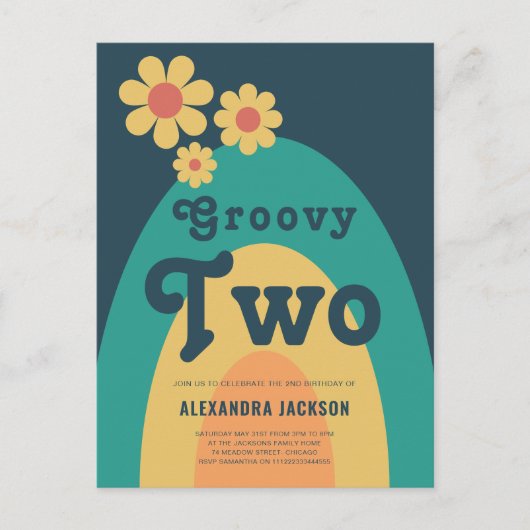Groovy Twee Retro Daisy 2e Verjaardagsfeestje Uitnodiging Briefkaart (Voorkant)