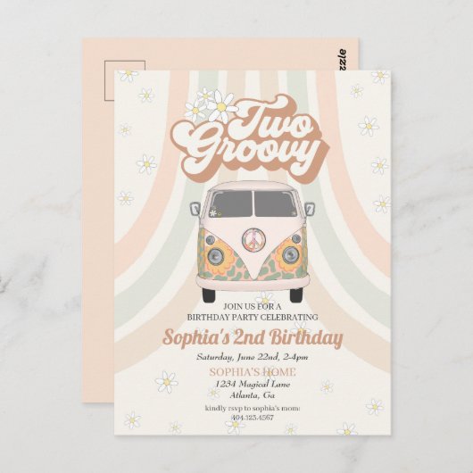 Groovy tweede verjaardag, 70s retro themauitnodigi briefkaart (Voorkant / Achterkant)