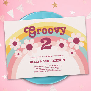 Groovy Two Daisy Rainbow 2de Verjaardagsfeestje Kaart