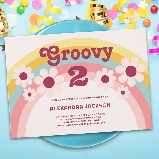Groovy Two Daisy Rainbow 2e verjaardagsfeestje Kaart