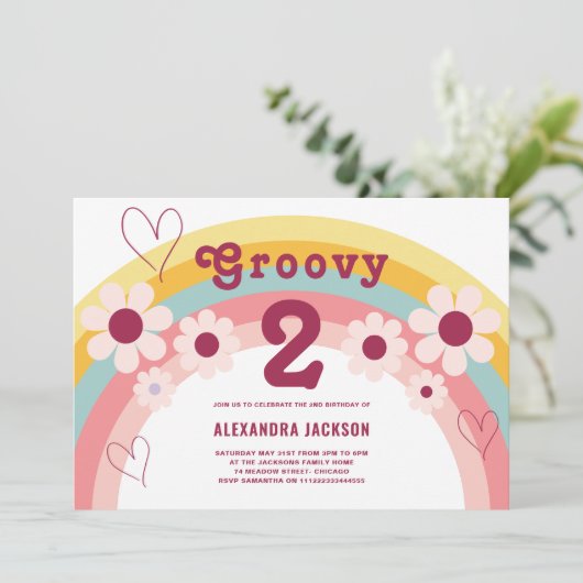 Groovy Two Daisy Rainbow 2e verjaardagsfeestje Kaart (Staand voorkant)