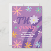 Groovy Two Floral First Birthday Retro Paars Invi Kaart (Voorkant)