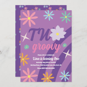 Groovy Two Floral First Birthday Retro Paars Invi Kaart