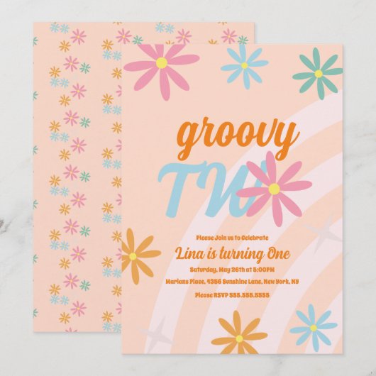 Groovy Two Floral First Birthday Retro Party Kaart (Voorkant / Achterkant)
