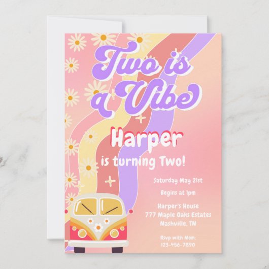 Groovy Two is een Vibe Retro 70s verjaardag Kaart (Voorkant)