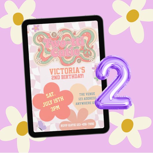 Groovy Two-tti Schatje, Retro Roze 2e Verjaardag Kaart