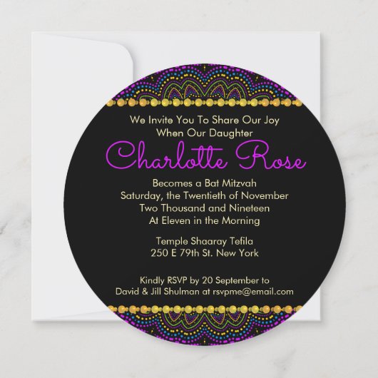 Groovy UV Bohemian Bat Mitzvah Round Invitation Kaart (Achterkant)