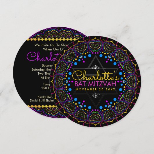 Groovy UV Bohemian Bat Mitzvah Round Invitation Kaart (Voorkant / Achterkant)