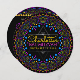 Groovy UV Bohemian Bat Mitzvah Round Invitation Kaart