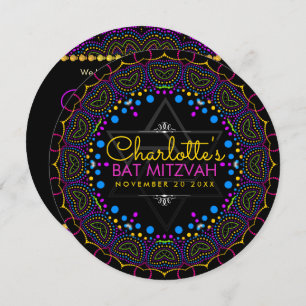 Groovy UV Bohemian Bat Mitzvah Round Invitation Kaart