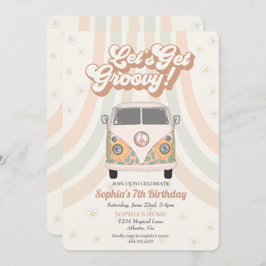 Groovy verjaardagsfeestje, 70s retro themauitnodig (Voorkant / Achterkant)