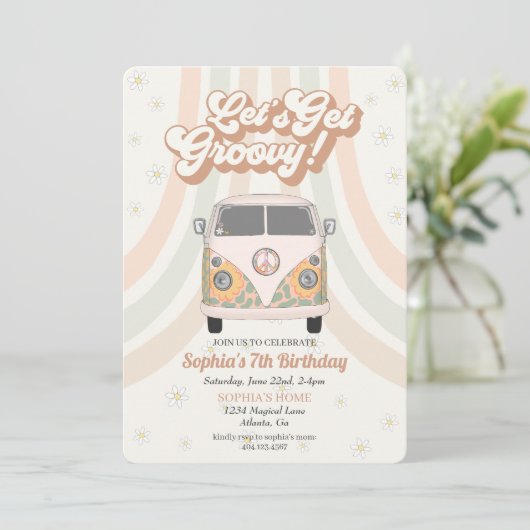 Groovy verjaardagsfeestje, 70s retro themauitnodig (Staand voorkant)
