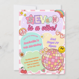Groovy Vibe Retro Meisje 7e Verjaardagsuitnodiging Kaart