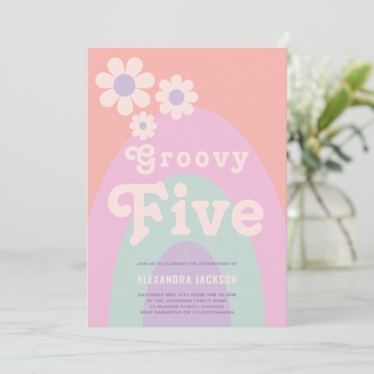 Groovy Vijf Retro Regenboog Bloemen Verjaardagsfee Kaart (Staand voorkant)