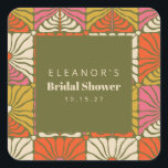 Groovy Vintage Groen Bloem Bruidsfeest Custom Vierkante Sticker<br><div class="desc">Breng wat groovy 70s-sfeer naar je evenement met deze retro-geïnspireerde heldergroene,  roze en gele vierkante stickers voor een bruidsfeest.</div>